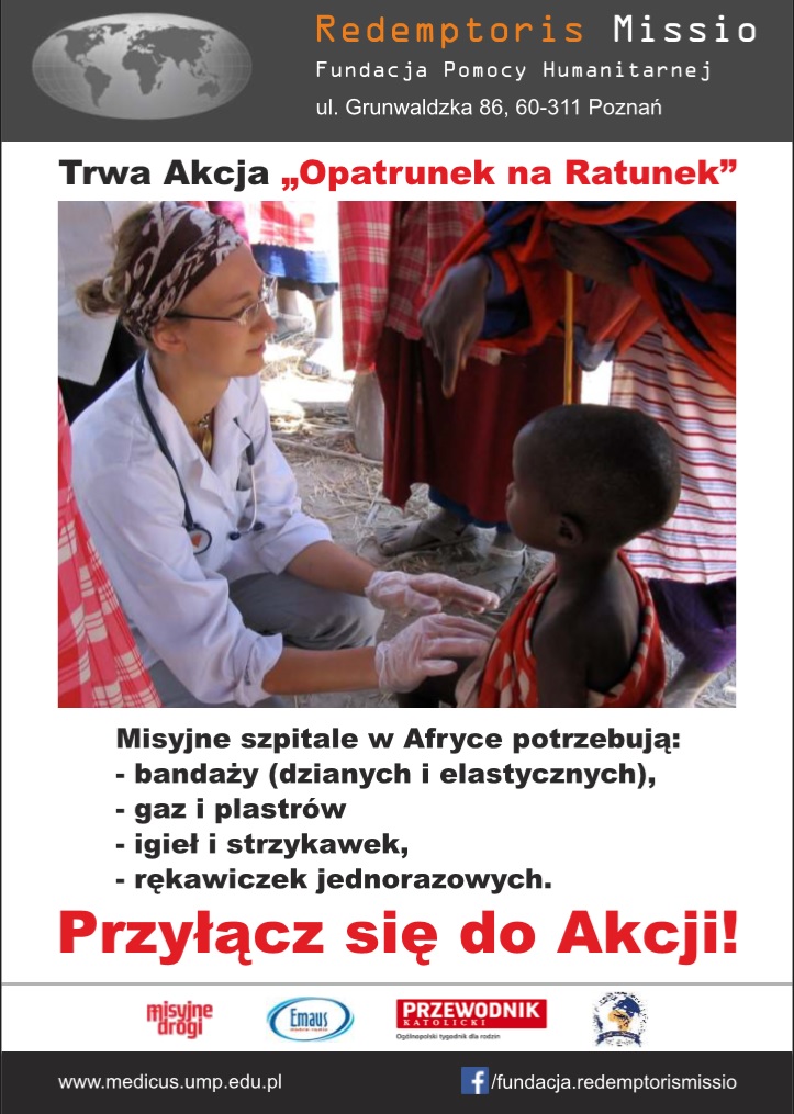 Plakat fundacji Redemptoris Missio opisujący akcję "Opatrunek na ratunek"